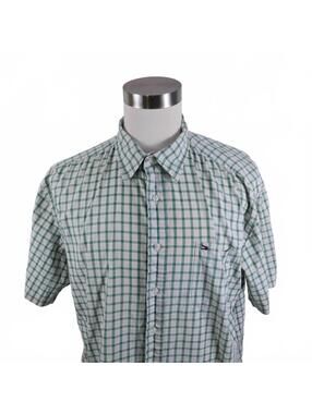Tommy Hilfiger Mens Button Up Green White Plaid Shirt XL Short Sleeve